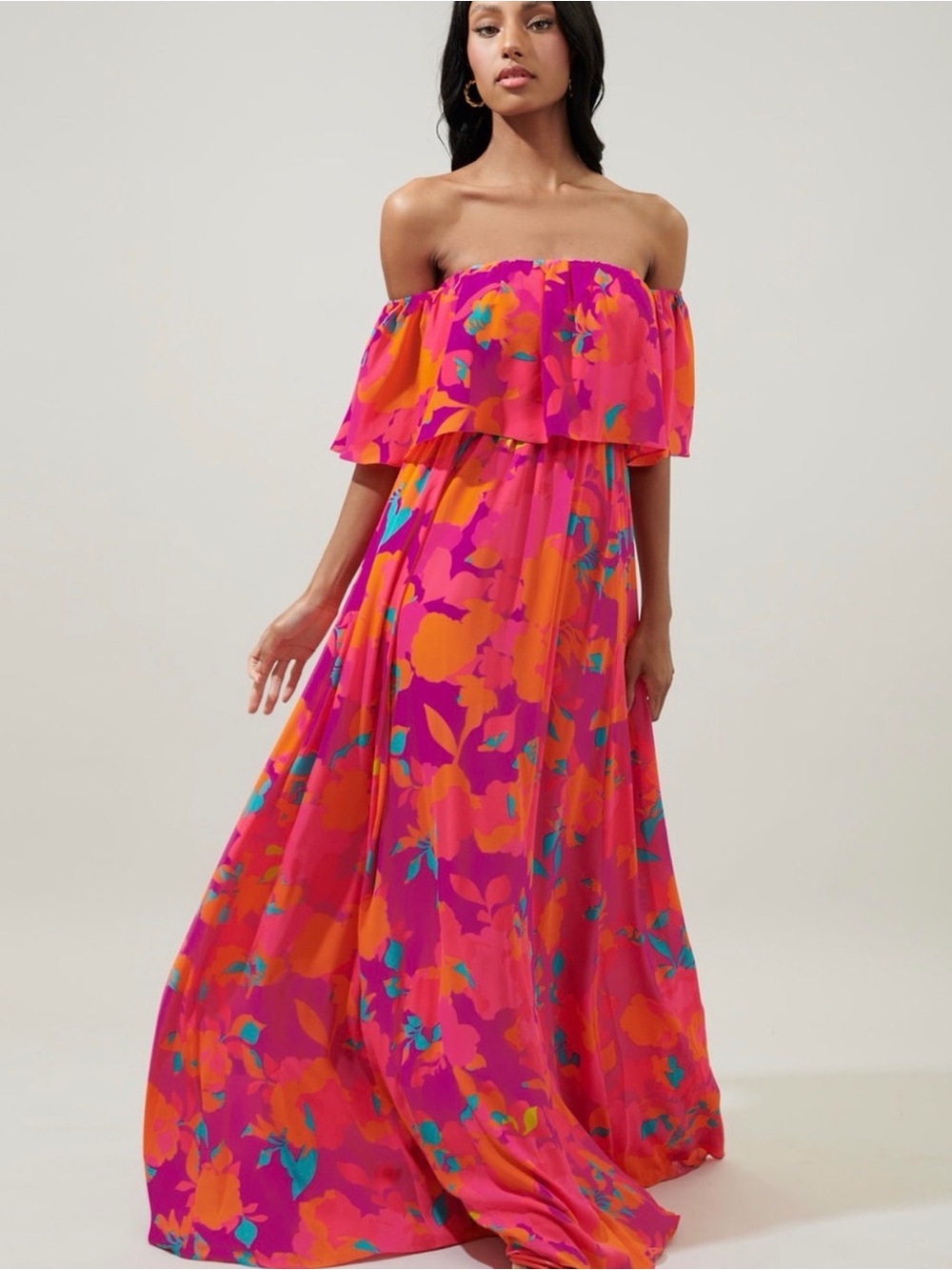 Off-Shoulder Floral Maxi Dress in Fuchsia and Orange